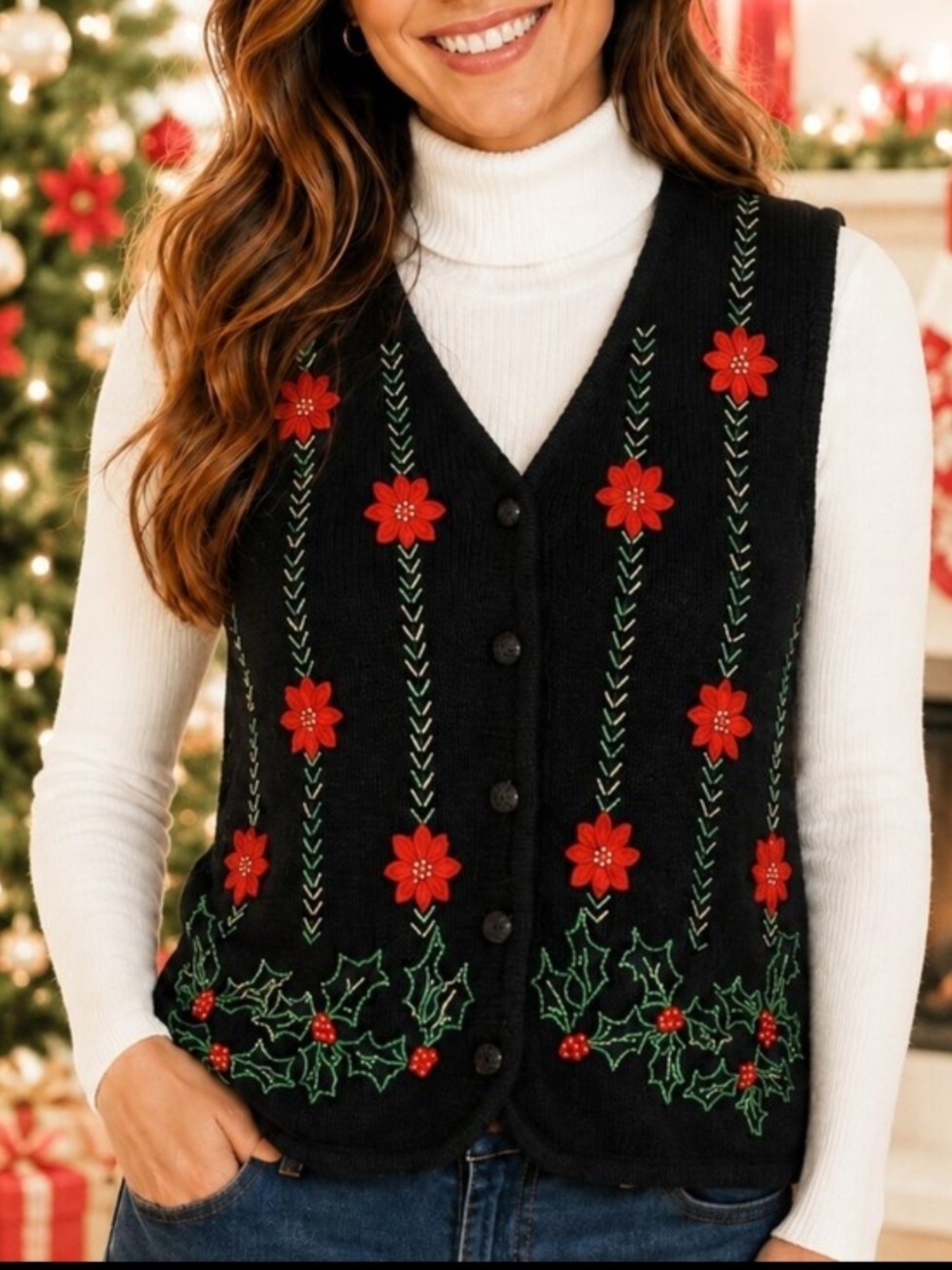 Lisa International Christmas Holiday Sweater Vest PL Black Ramie Cotton Cottage